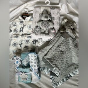 Newborn Baby Gray and White Elephant Blanket, Robe, Bath Towels, Comfort Blankie